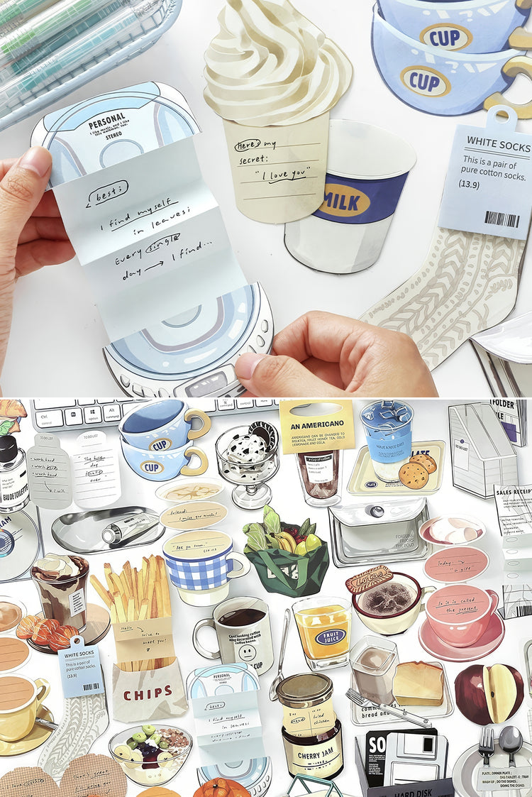 Handcrafted paper illustrations of food items beverages and household objects with pastel tones and intricate details