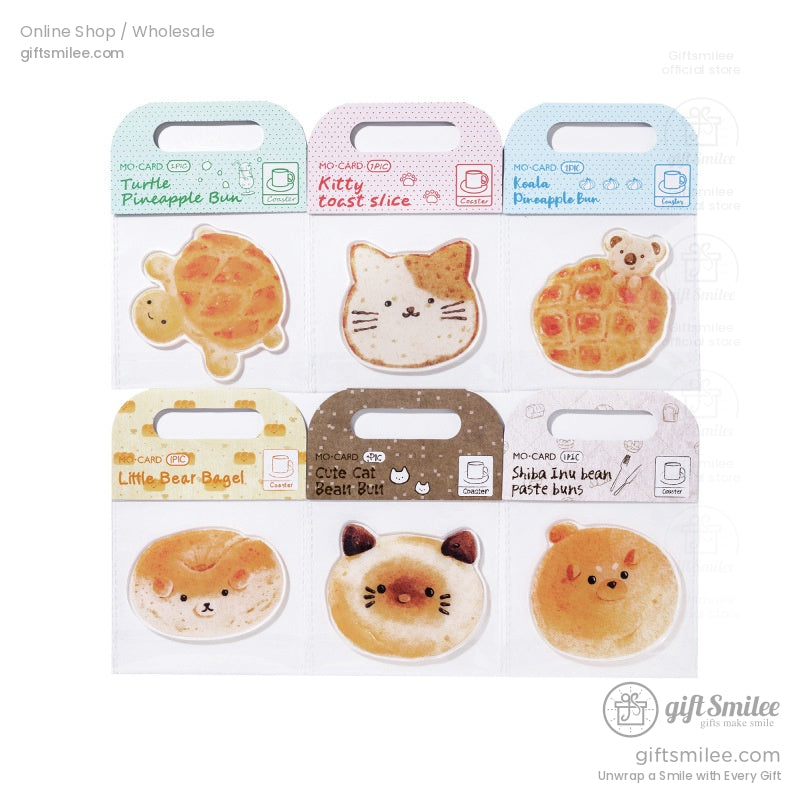 Packaged set of animal bread-themed coasters, including cat and waffle designs