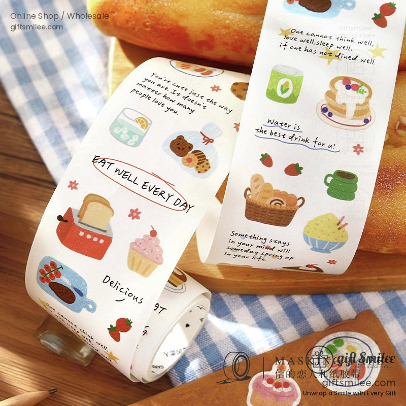 Colorful decorative sticker rolls with playful illustrations of food sweaters and animals on a wooden surface