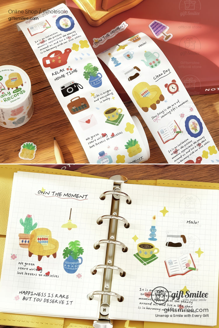 Colorful decorative paper tape rolls with playful illustrations of plants mugs books and cozy homethemed designs