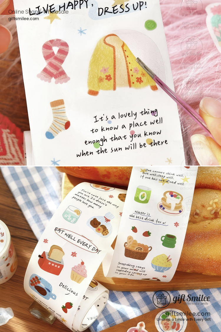 Colorful sticker sheets with cozy sweater scarf food illustrations and positive phrases styled on a wooden table