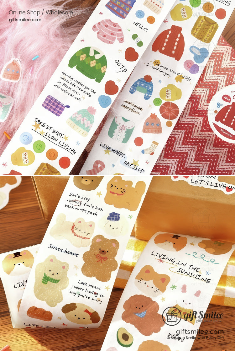 Colorful sticker rolls with cute designs of animals sweaters hearts and uplifting phrases on glossy paper