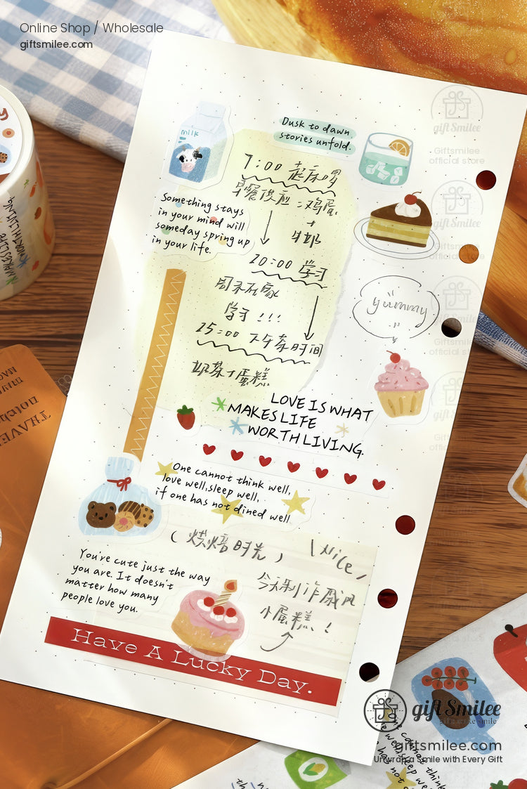 Creamcolored dotted journal page with colorful dessert illustrations gold accents and motivational handwritten text