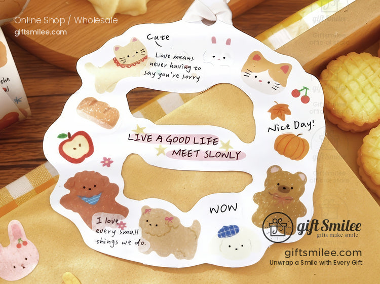 White sticker sheet with animalthemed illustrations colorful text and playful designs surrounded by cookies and decor