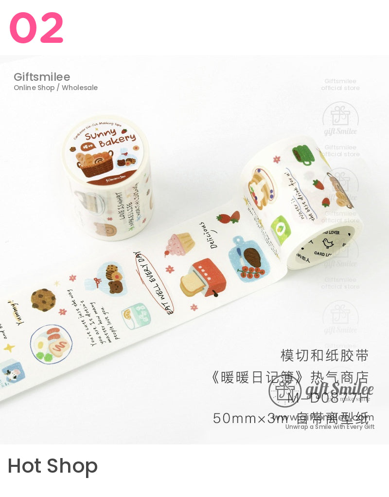 White bakerythemed washi tape roll with colorful illustrations of bread cakes fruits and utensils 50mm x 3m