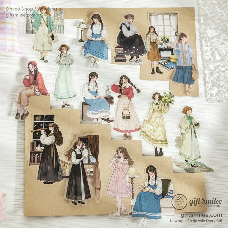 Assorted vintage-inspired girl stickers displayed in elegant, dreamy packaging