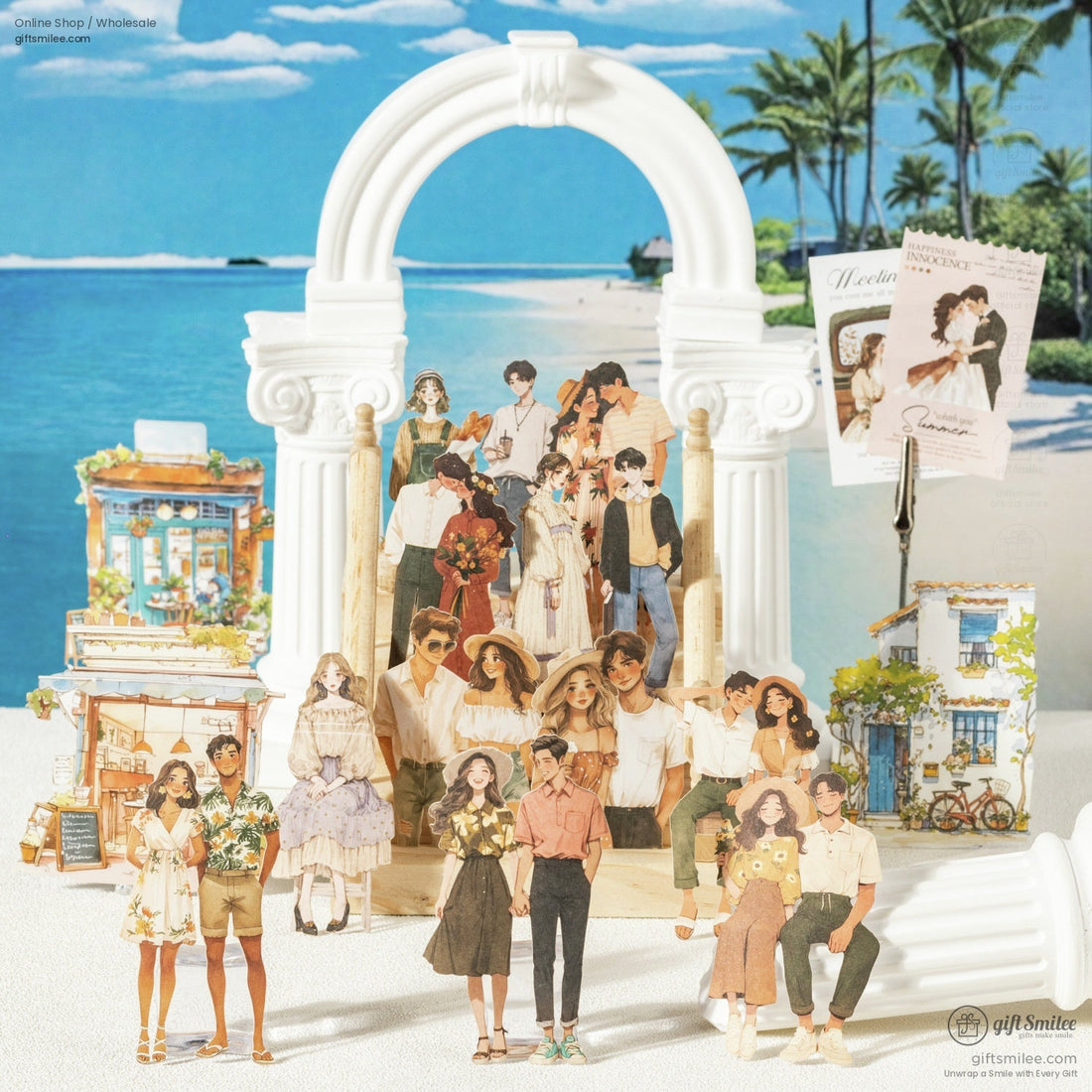 Romantic couple stickers displayed with a scenic beach and white arch background.