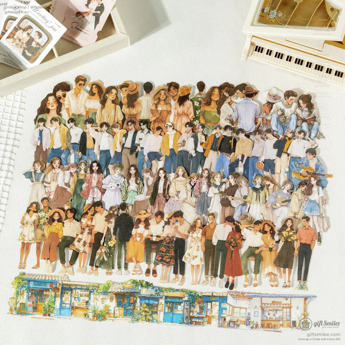 Romantic couple stickers displayed with a scenic beach and white arch background.