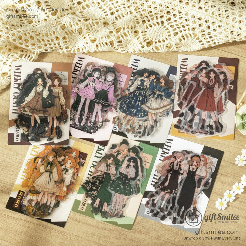 Two stylish girls in vintage-inspired outfits standing in front of a beautifully illustrated wardrobe