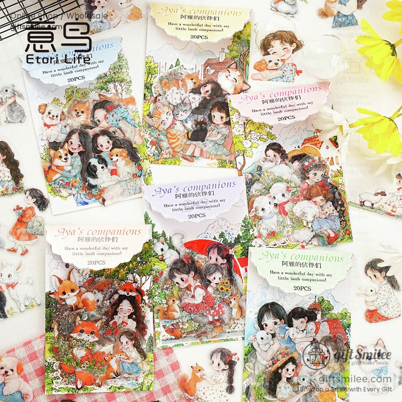 Young girl in floral dress holding a squirrel with bunnies and animals nearby