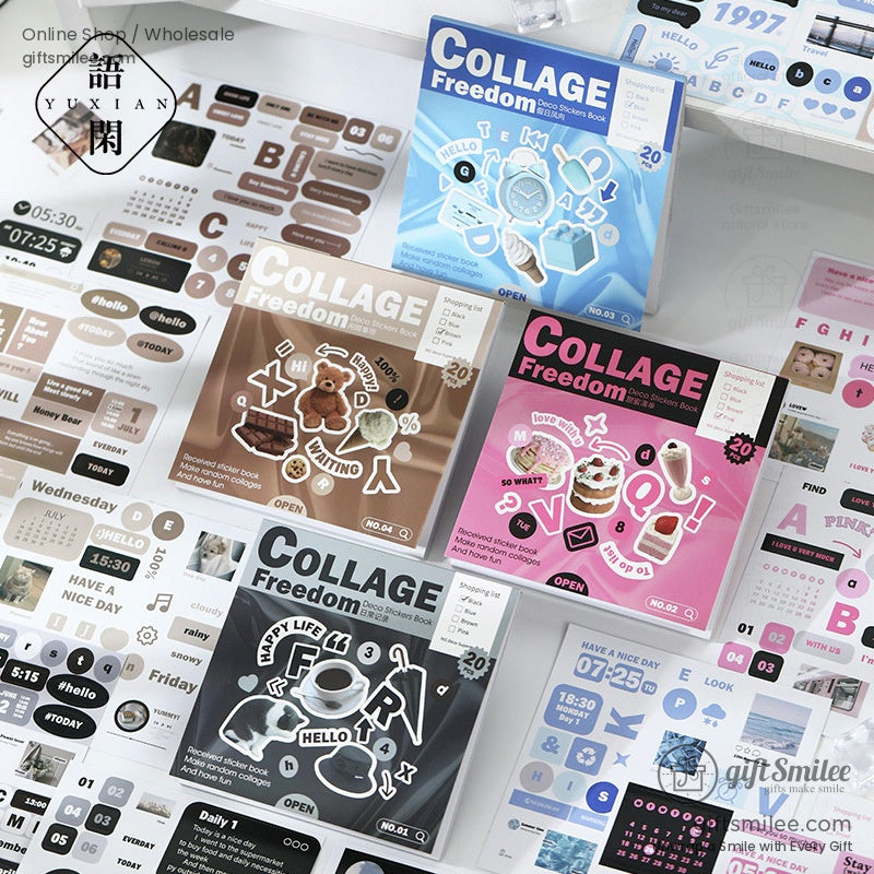A collection of Collage Freedom sticker books in blue, pink, brown, and black themes displayed on a desk