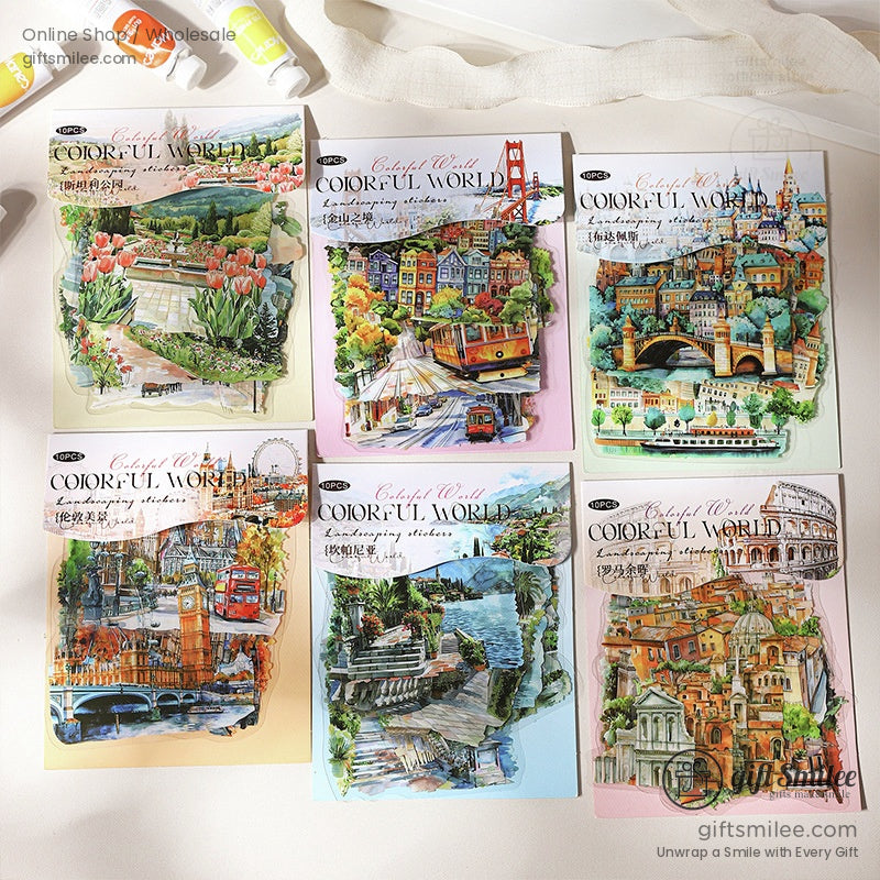 Set of Colorful World 3D landmark stickers featuring vibrant cityscapes like tulip gardens and iconic bridges