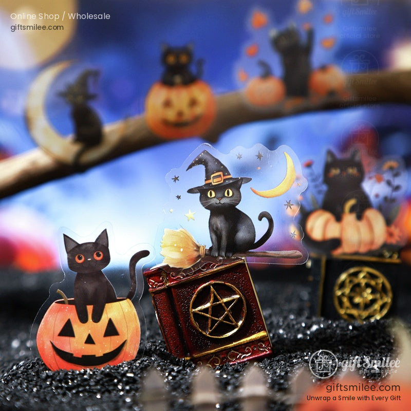 Black cat on a broom with a witch hat, surrounded by pumpkins and a magical book