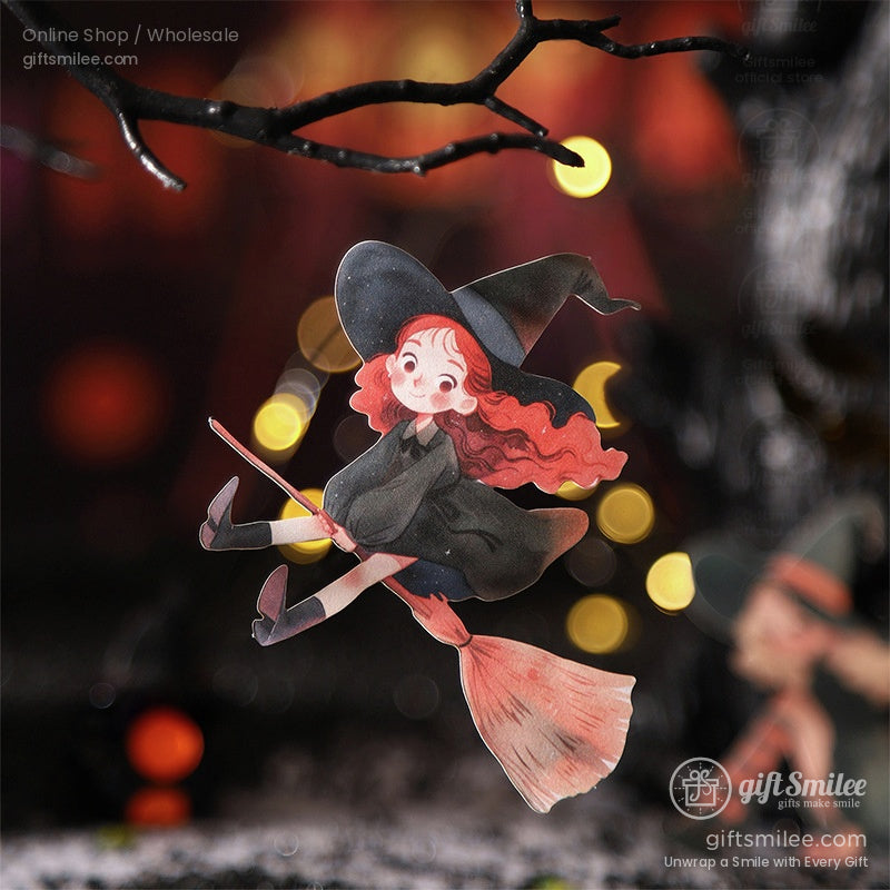 Whimsical red-haired witch flying on a broomstick with a magical night background