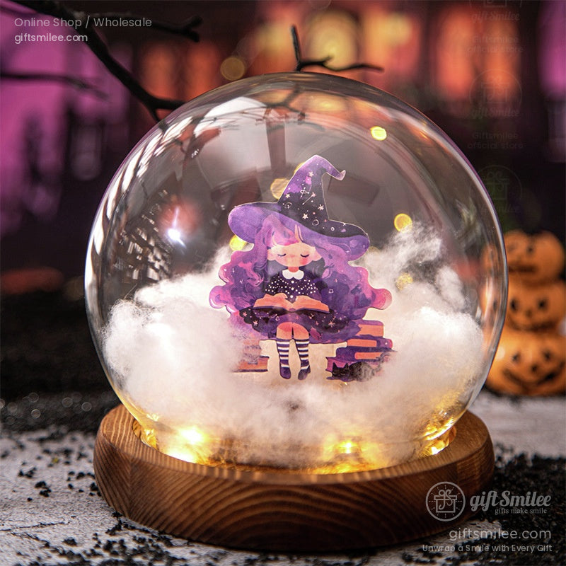 Purple-haired witch reading a magical book inside a glowing snow globe with a cozy atmosphere