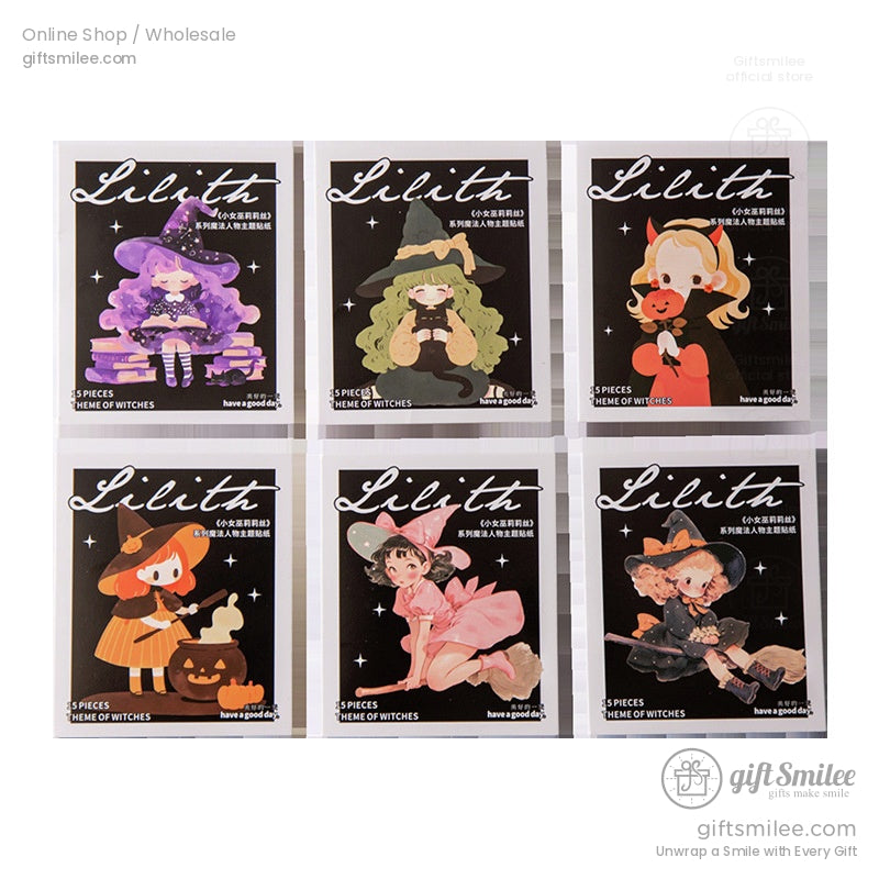 Complete witch sticker set featuring six unique designs with enchanting and whimsical themes