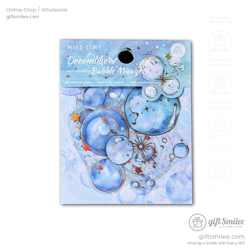A single pack of Dreamlike Bubble Mirage stickers in mint blue with celestial patterns and holographic details
