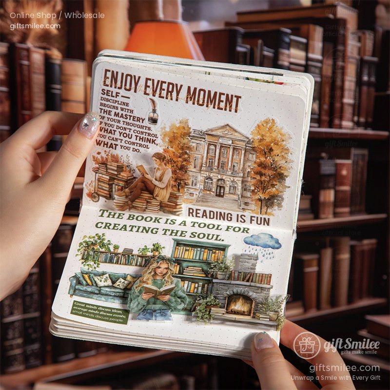 Hand holding a book-themed sticker sheet featuring inspirational quotes and autumn vibes