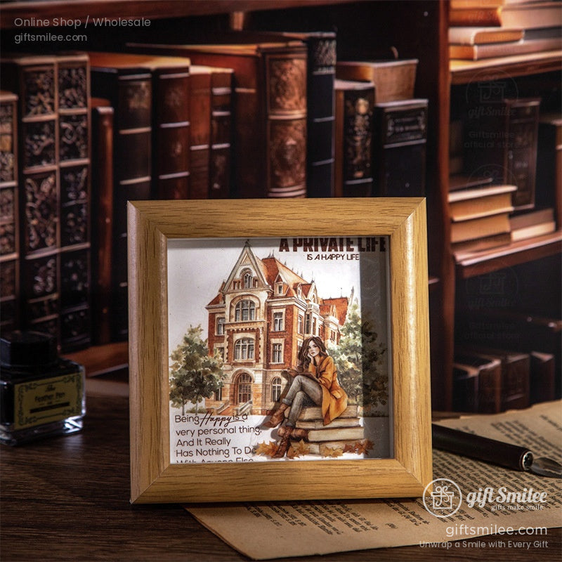 Framed vintage-style sticker art of a woman reading near a grand historic building