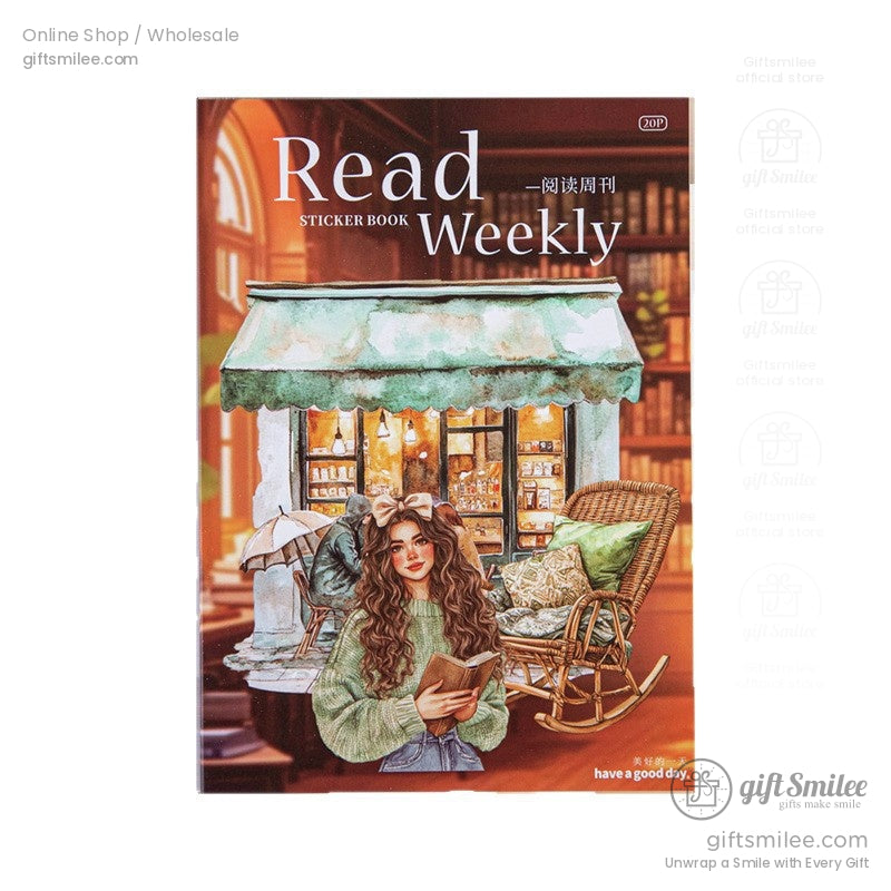 Close-up of Read Weekly sticker book with a cozy bookstore illustration on the cover