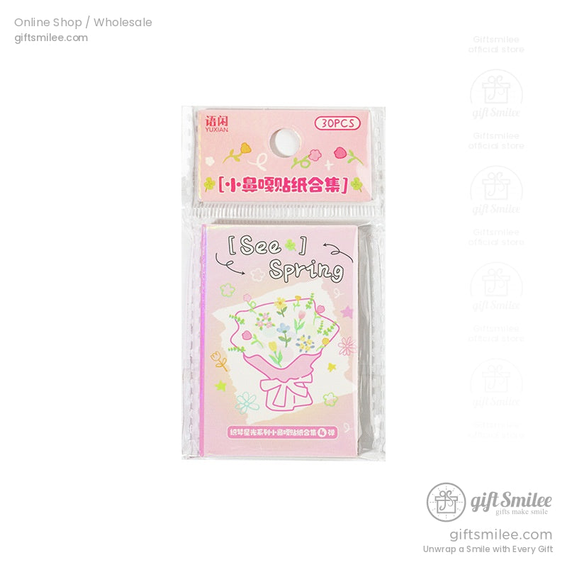 A single sheet of “See Spring” pastel floral stickers in attractive packaging
