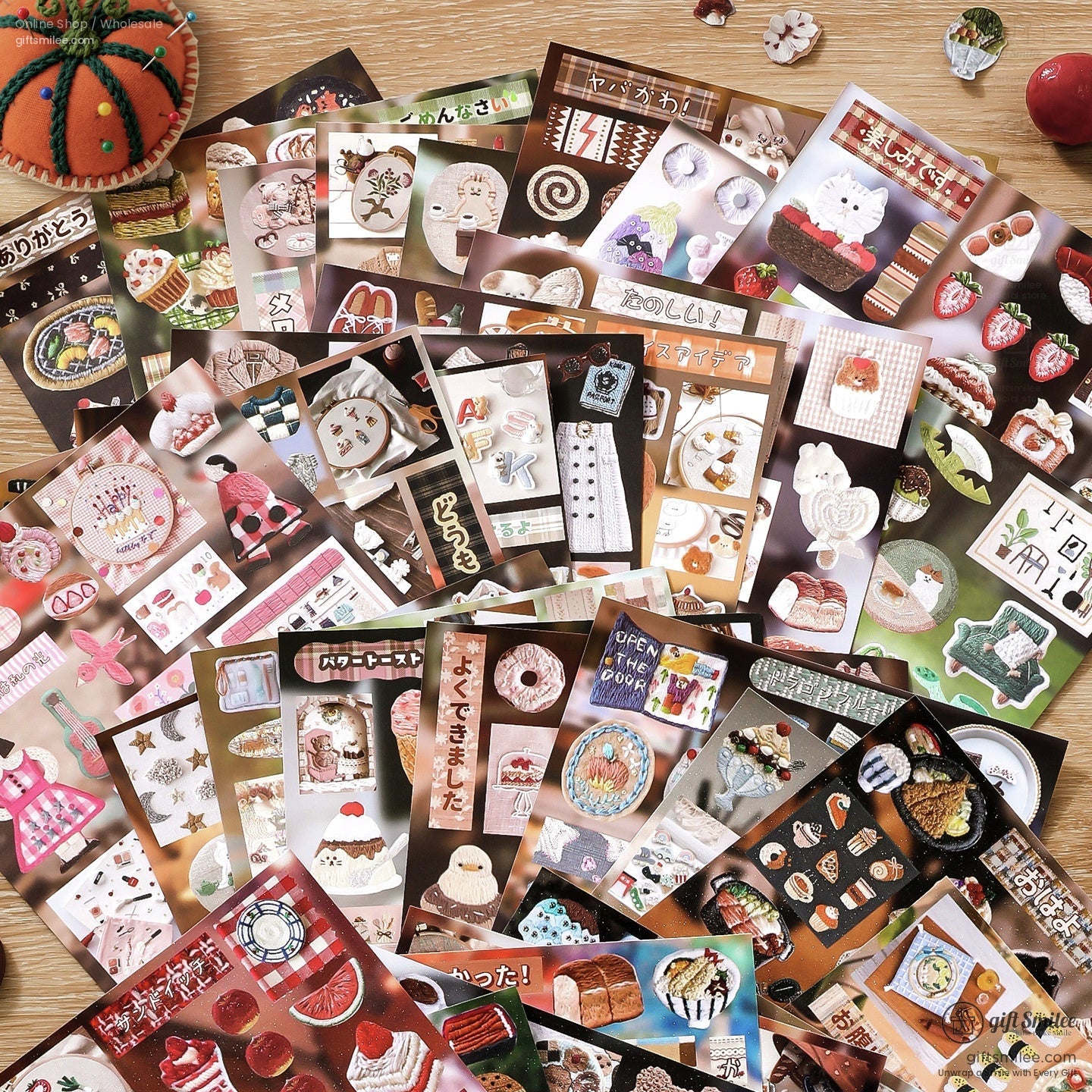 Collection of Japanese embroidery stickers featuring intricate food and animal patterns