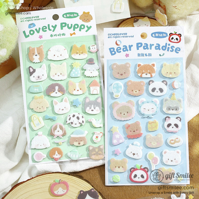 A set of Lovely Puppy and Bear Paradise animal-themed puffy stickers featuring cute dogs, bears, and pastel-colored designs