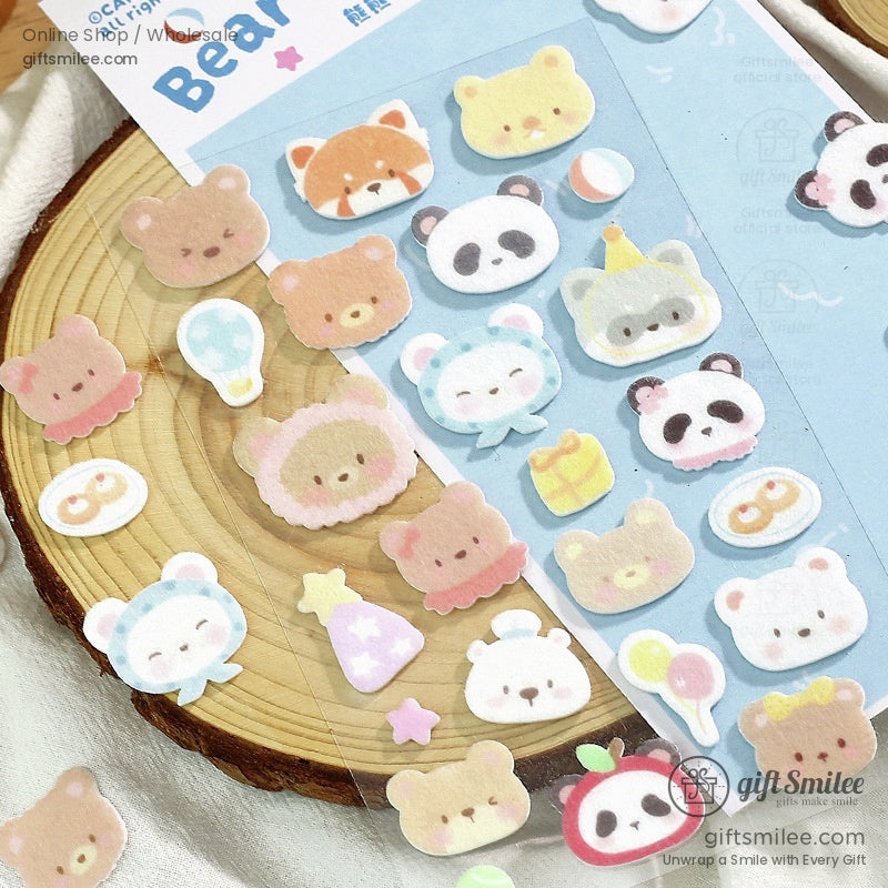 Bear Paradise puffy stickers featuring pandas, bears, balloons, and star designs on a wooden background