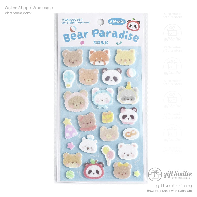 Full set of Bear Paradise animal puffy stickers, including pandas, foxes, and other cute characters in soft pastel tones