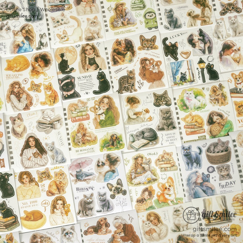 An assortment of cat-themed sticker designs spread out, highlighting intricate illustrations of pets and their loving humans