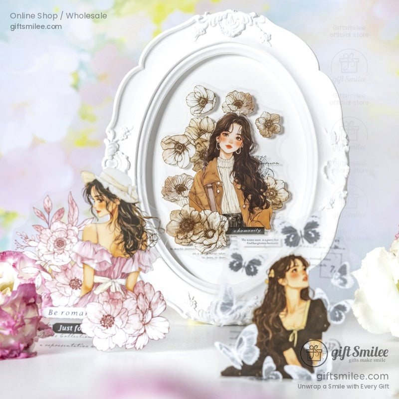 A vintage-style girl surrounded by soft florals in an elegant white frame, great for aesthetic crafts