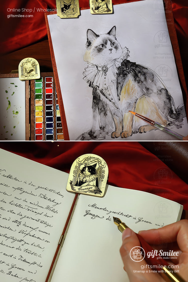 Antique Brass-Tone Zinc Alloy Engraved Noble Cat Motifs Metal Bookmark Clips | KS-BM-118