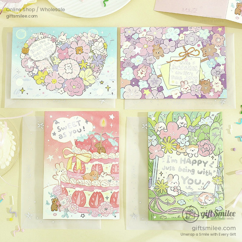 Set of pastel greeting cards with floral patterns cute animal illustrations and cheerful handwritten messages