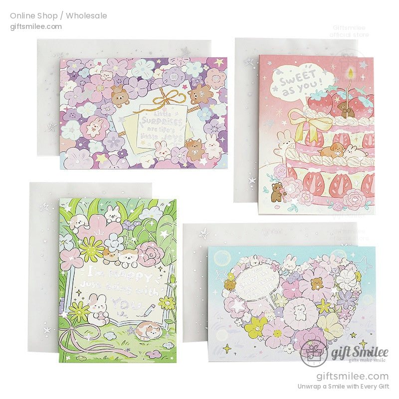 Pastel greeting cards with floral patterns cute animal illustrations and decorative envelopes featuring star accents