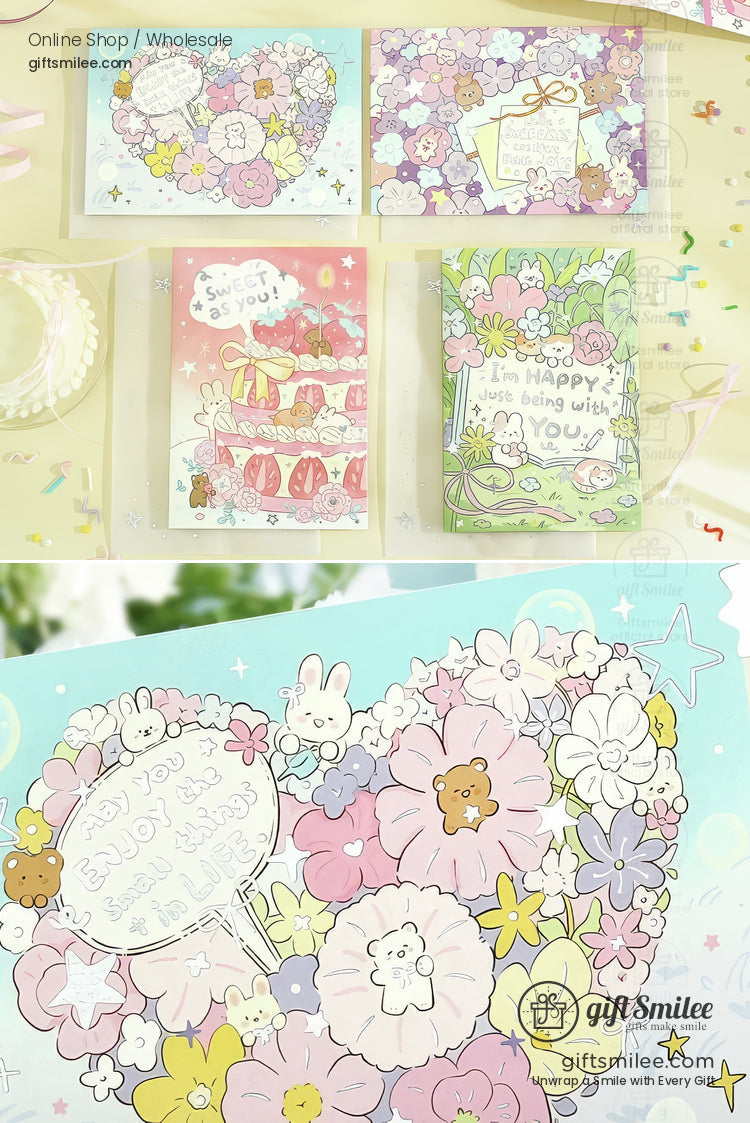 Pastel floral greeting cards with heartshaped designs cute animal illustrations and cheerful handwritten messages