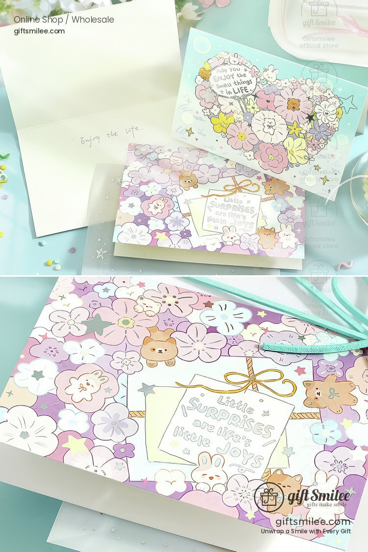 Pastel floral greeting cards with heart motifs cute animal illustrations gold accents and uplifting messages on blue background
