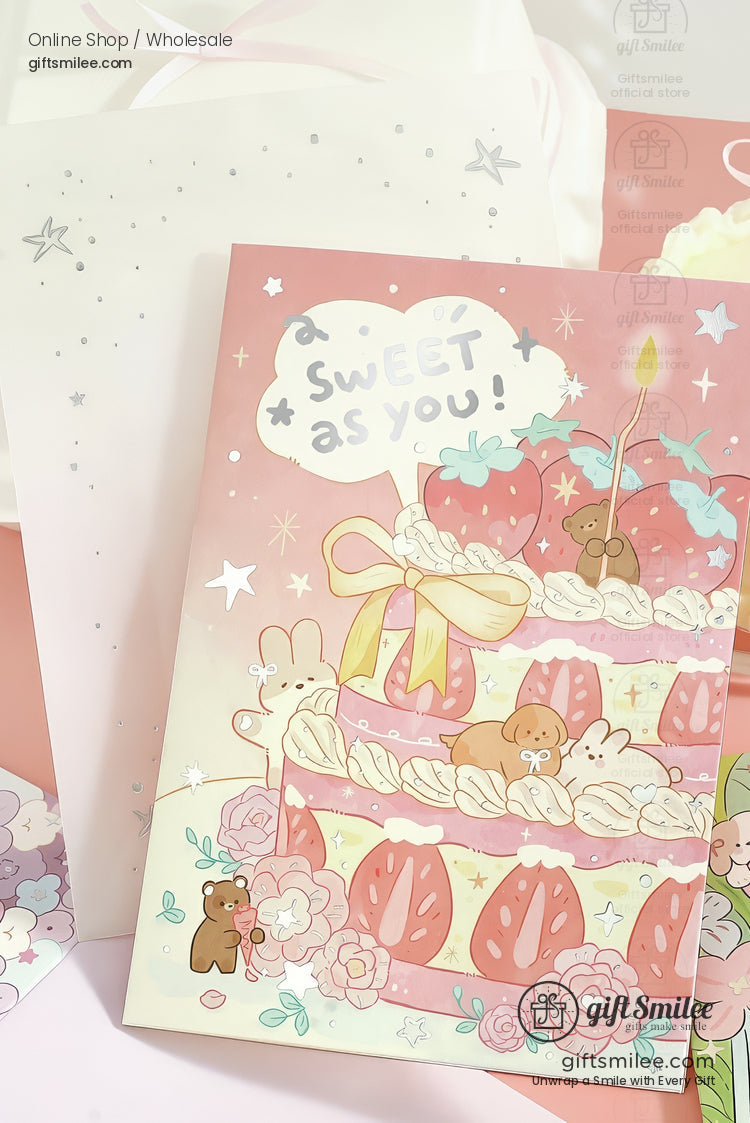 Pastel pink greeting card with a layered strawberry cake ribbon bow cute animals flowers and Sweet as You text