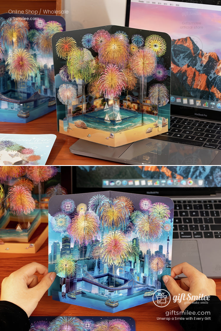 Multicolor popup card showcasing vibrant fireworks over a cityscape with a bridge harbor sailboats and skyline