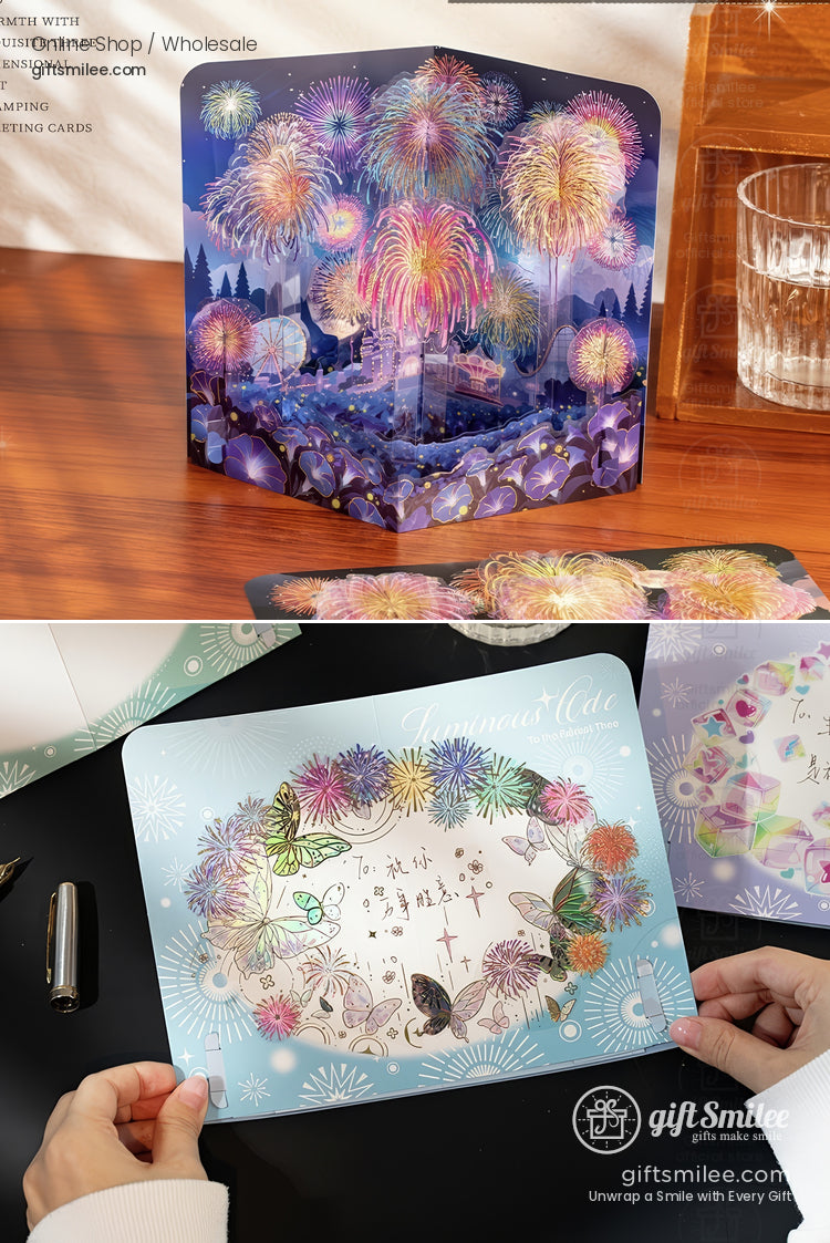 Vibrant 3D popup card with colorful fireworks cityscape backdrop and intricate floral and butterfly details on premium paper