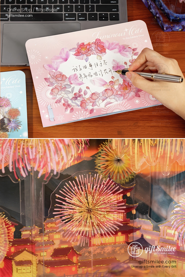 Pink floral stationery set with rose patterns paired with a pen and a vibrant 3D fireworkthemed card design