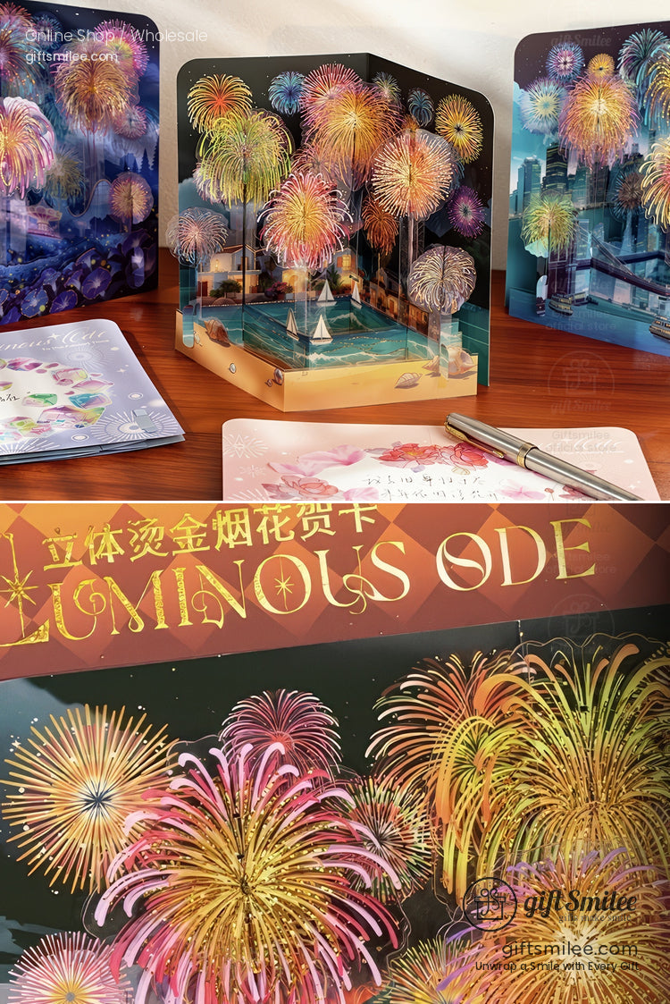 Colorful 3D popup cards displaying vivid fireworks scenes with intricate designs and vibrant cityscapes