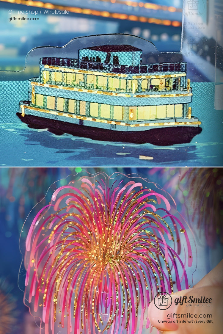 Glossy sticker set of a litup riverboat with warm yellow lights and a vibrant pink and gold firework design