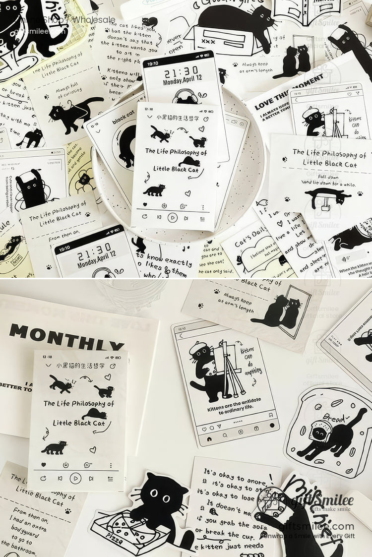 Matte Black‑And‑White Cat Illustrations Thick Cardstock Assorted Die‑Cut Rectangular 4C Printing Postcard Set | KS-CC-273