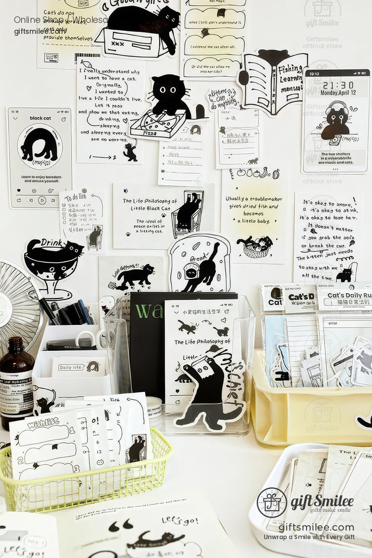 Matte Black‑And‑White Cat Illustrations Thick Cardstock Assorted Die‑Cut Rectangular 4C Printing Postcard Set | KS-CC-273