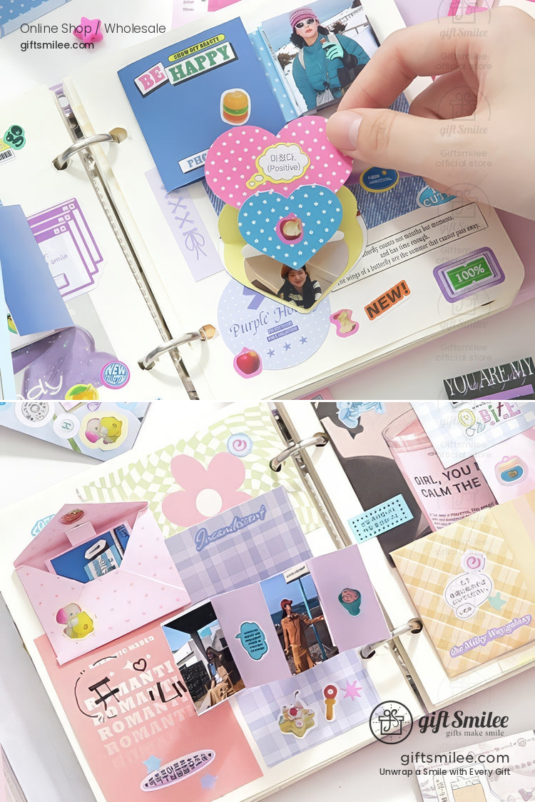 DIY scrapbook kit with pastel pop-up frames and stickers being assembled  