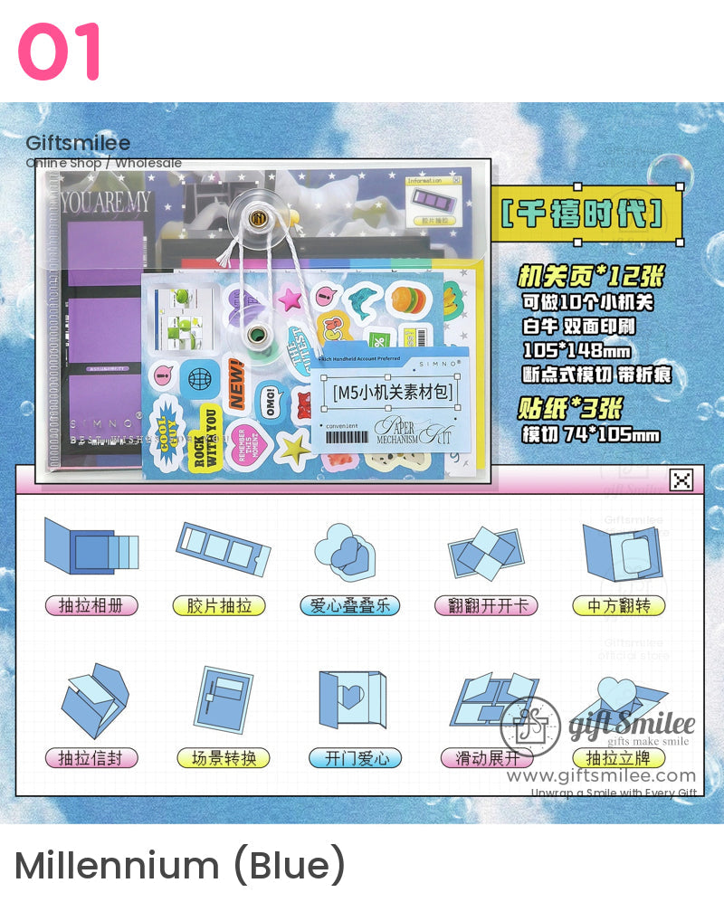 Millennium (Blue) M5 paper mechanism kit – blue scrapbook DIY set with stickers and pop-up templates by Giftsmilee