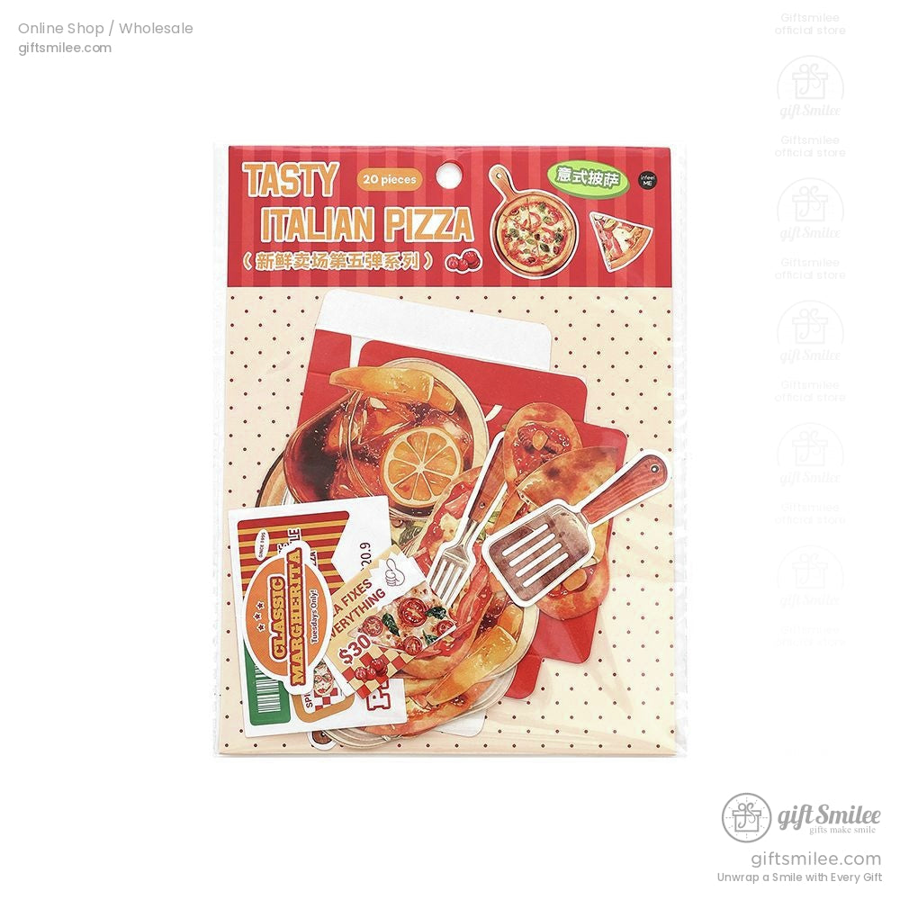 Mini pizza-themed stationery set with slice-shaped sticky notes in a red box
