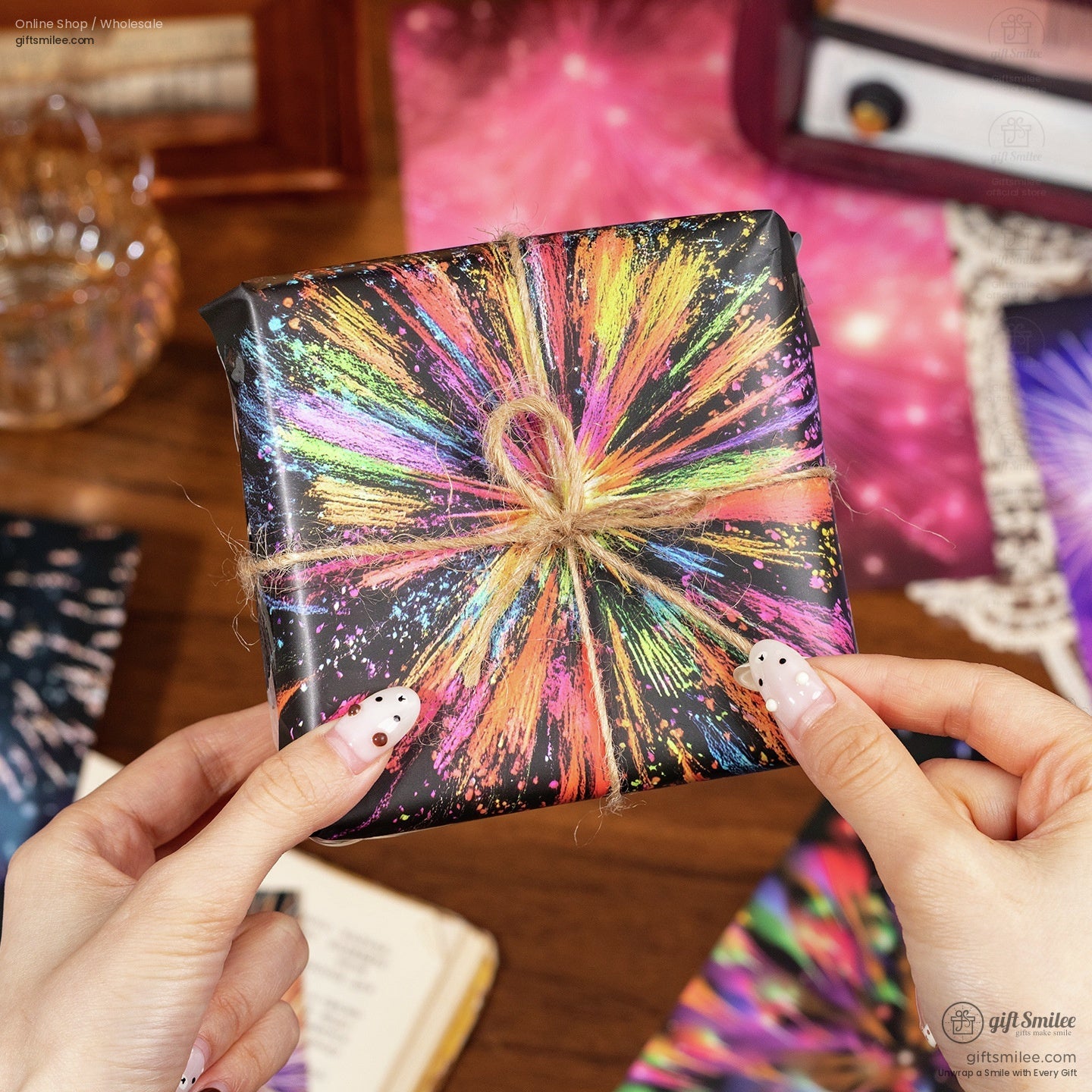Fireworks-themed decorative paper sheets comparing matte tracing paper vs glossy coated paper