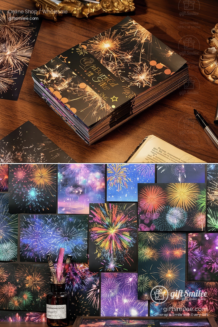 Fireworks-themed postcard set on desk with vibrant night-sky designs  