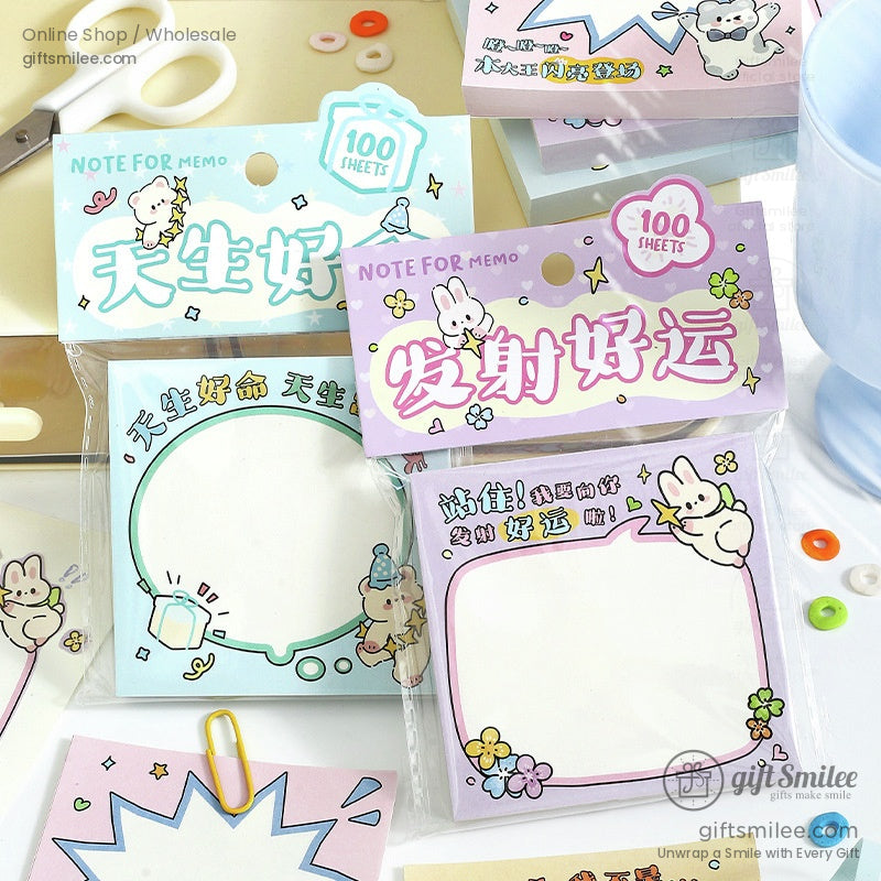 Pastel sticky notes with bunny illustrations soft blue and purple designs floral accents and 100sheet packs